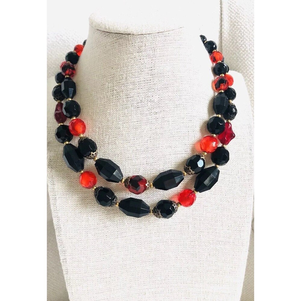 Vintage 1950s Crown Trifari Double Strand Black and Red Glass Necklace-Signed